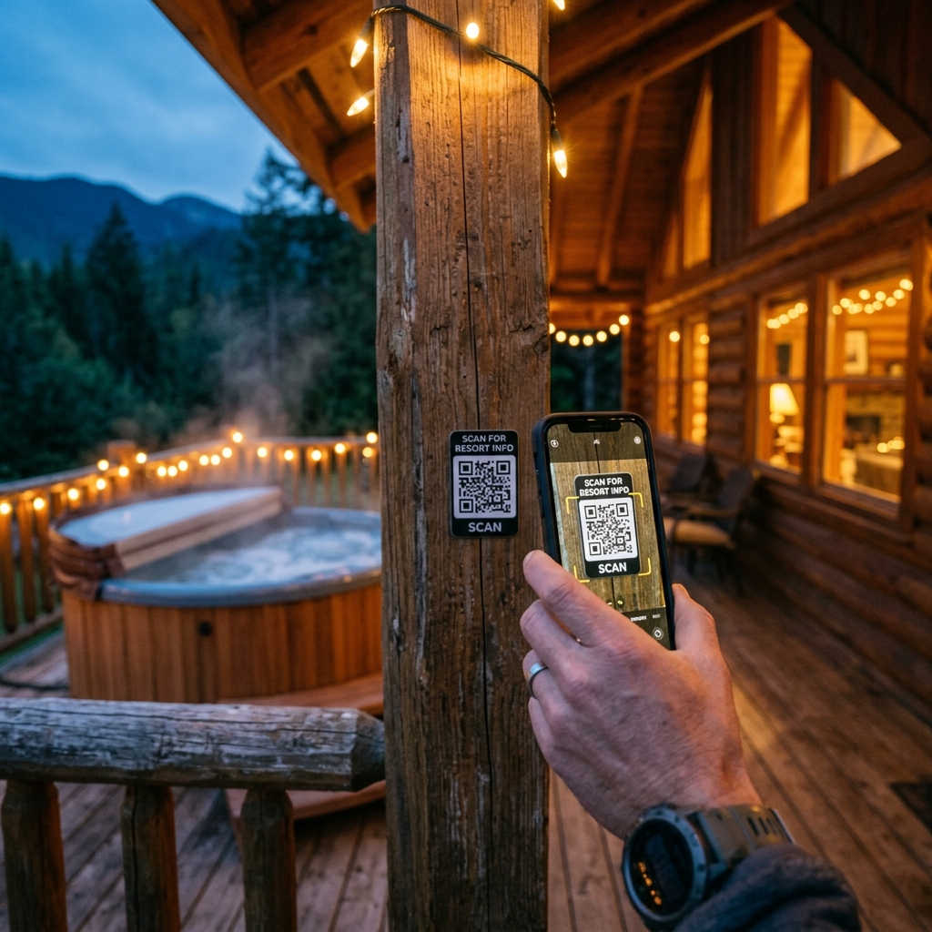 Gast scant QR-code sticker bij hottub op terras van chalet met smartphone