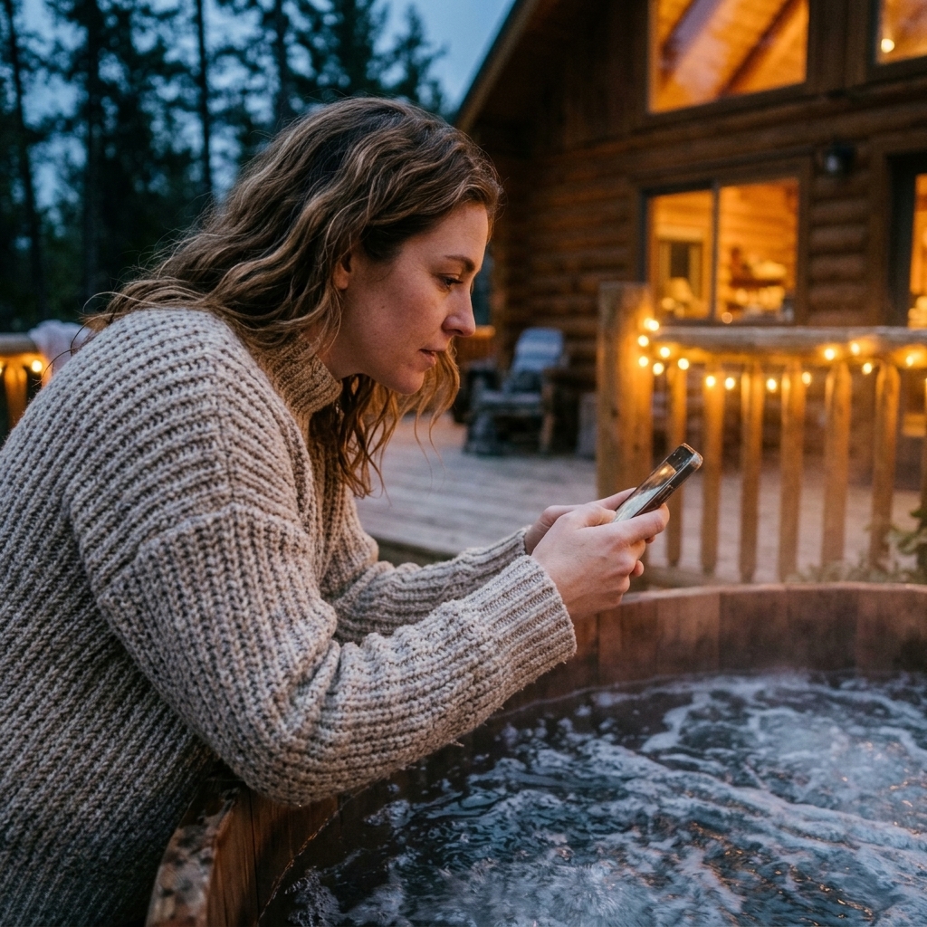 Gast selecteert categorie Wellness en fotografeert storingsdisplay van jacuzzi