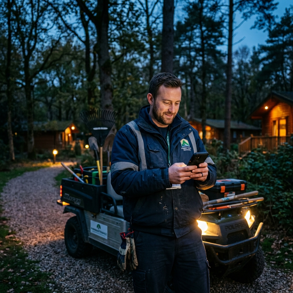Monteur ontvangt storingsmelding over luchtslot in jacuzzi op smartphone bij servicewagen