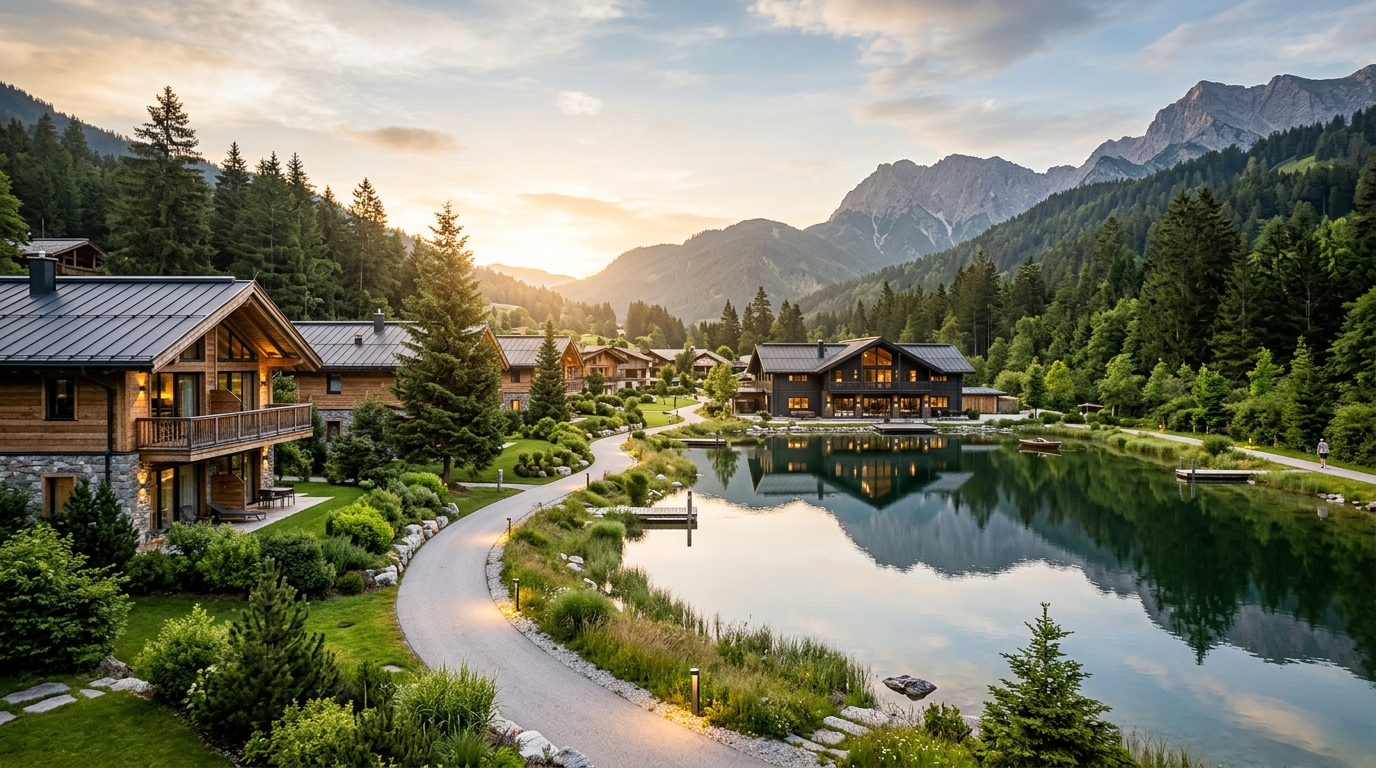 Vakantiepark met chalets en buitendienst servicevoertuig